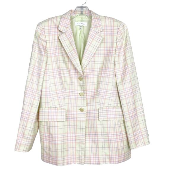 Escada Pink Yellow Pastel Silk Blend Plaid Blazer Sz 40 - Picture 7 of 7